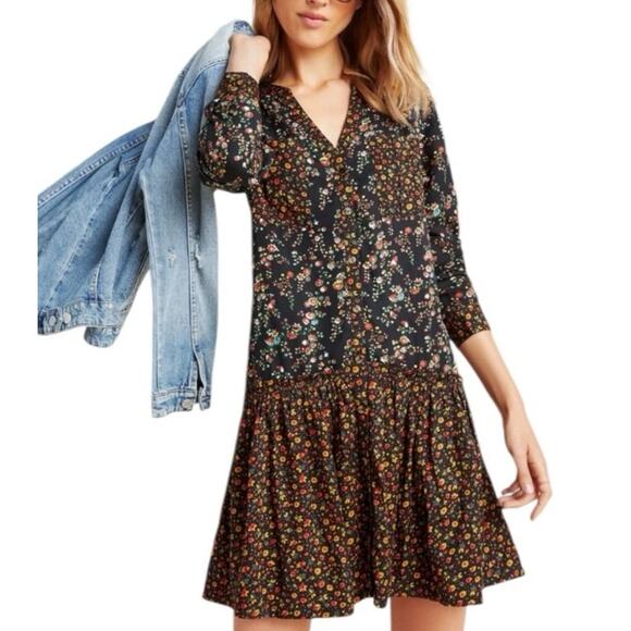 Maeve Anthropologie Marlie Button Up Tunic Dress Ditsy Floral Black 6 Prairie - Picture 1 of 14